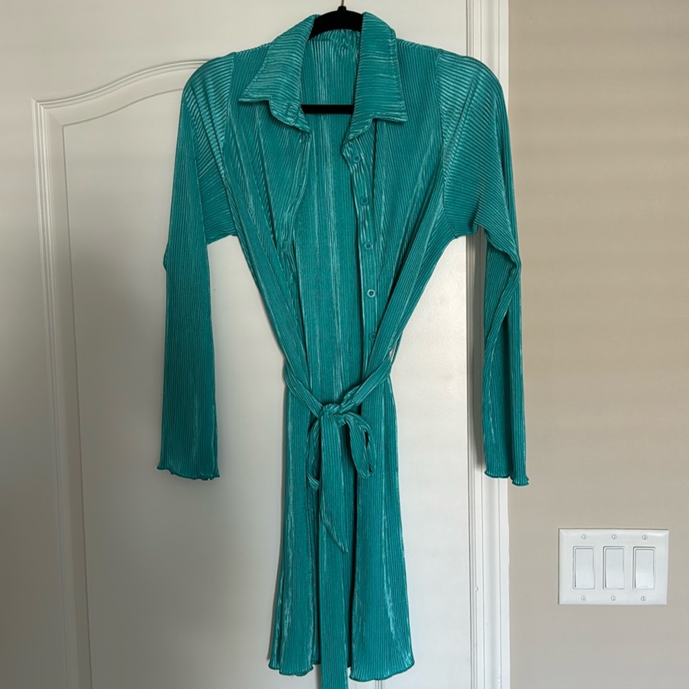 Ribbed Button Down Mini Dress - Teal